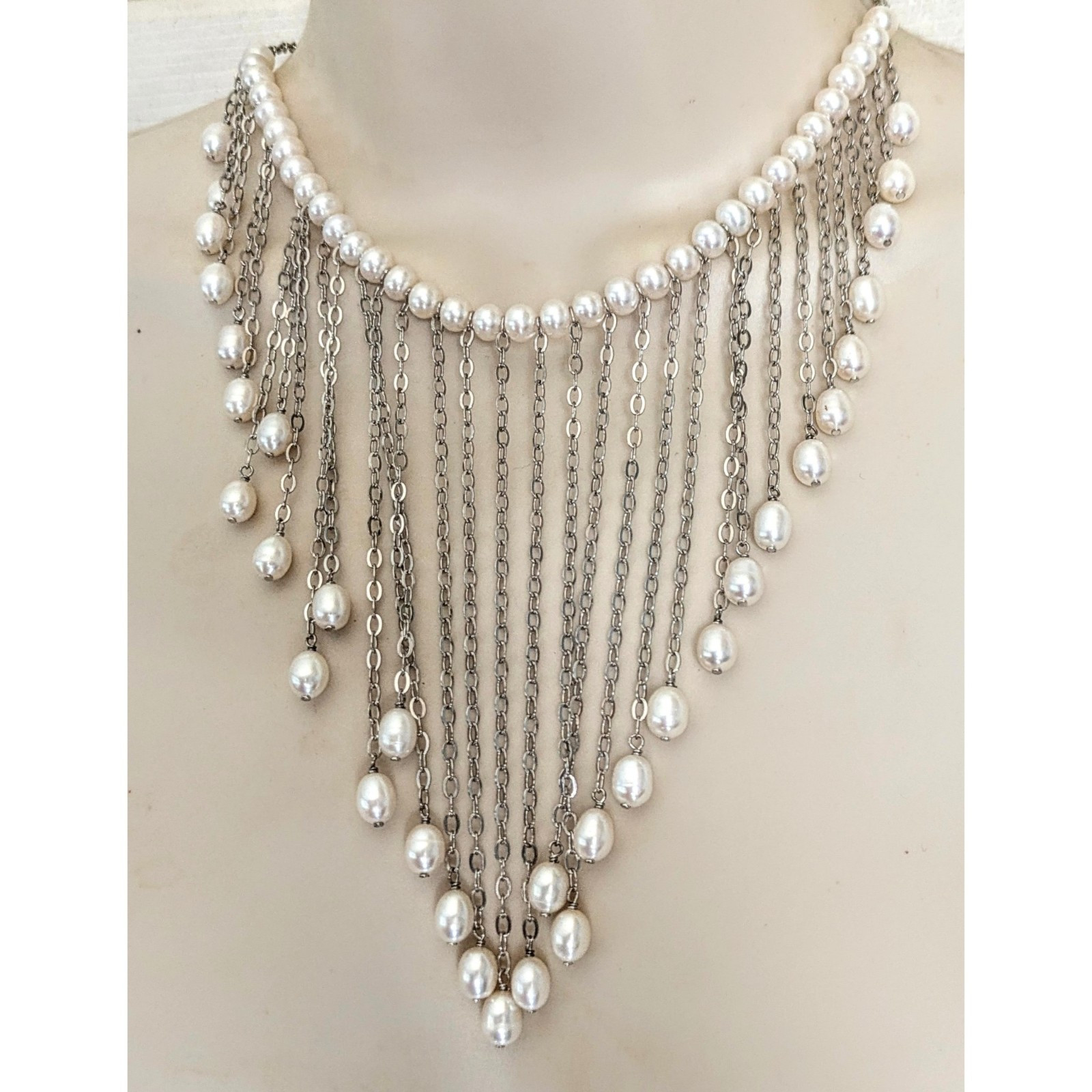 Sterling Silver White Cultured Pearl Fringe Bib Dangle 925 Gemstone Necklace