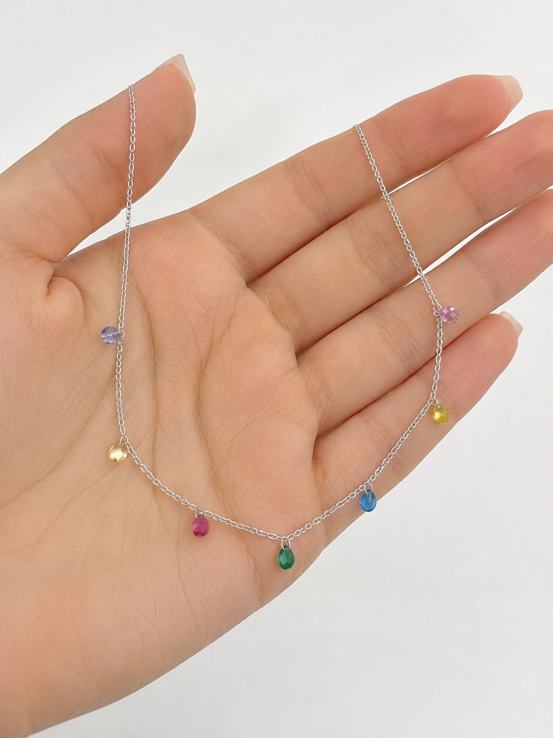 925 Sterling Silver Dainty Necklace with 7 Colorful Glass Stones for Women