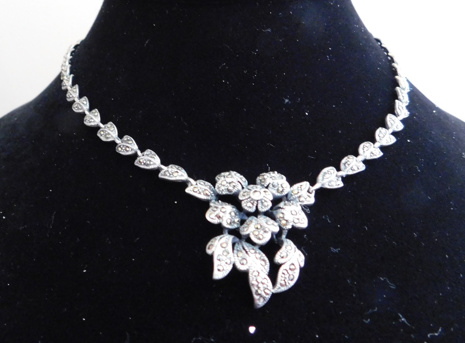 16 inch Silver Marcasite Necklace with Flowers and Leaves