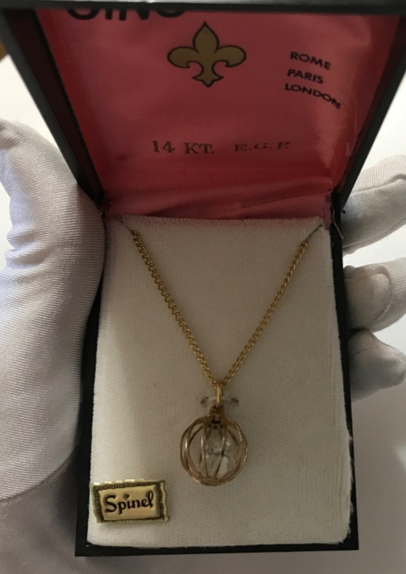 Vintage Spinel 14KT E.G.P. Caged Crystal Pendant Necklace In Original Box