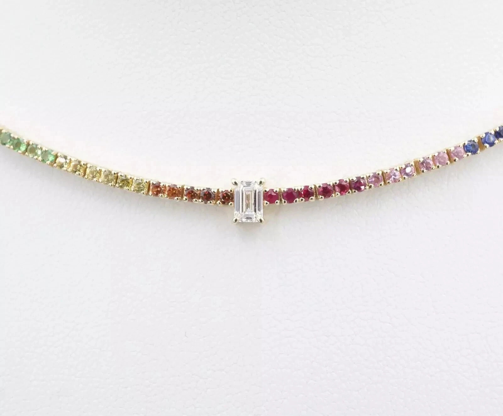17Ct Emerald Cut Tennis Necklace Diamond Rainbow Sapphire 14k Yellow Gold Plated
