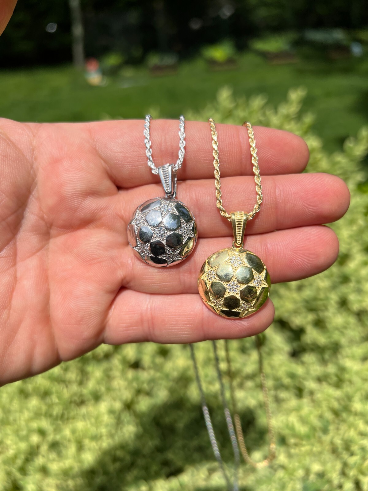 Real 925 Silver 14k Gold Plated Soccer Ball Futbol Star Pendant Necklace Icy CZ