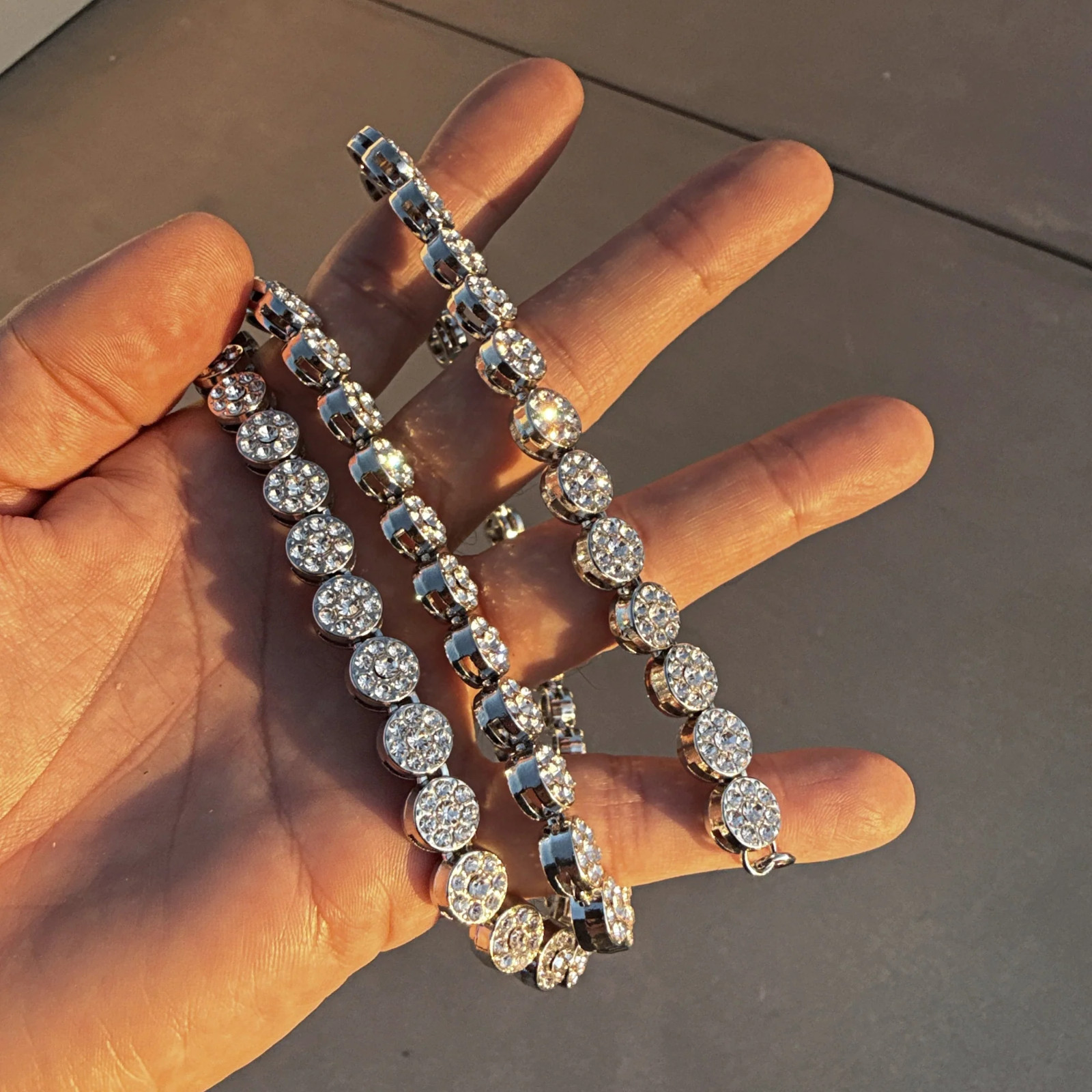 Men’s Flower Cluster Hip Hop Chain CZ Iced Bling Out One Row Silver Tone 36″