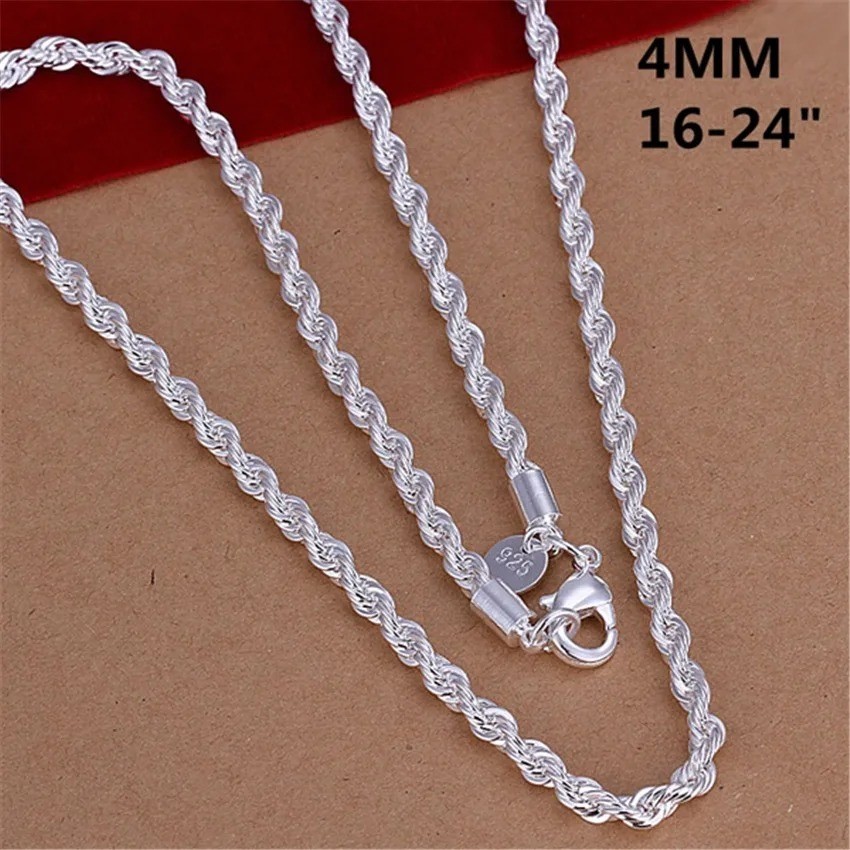 “4mm Diamond Cut Solid 925 Sterling Silver Italian Rope Chain Necklace for Men