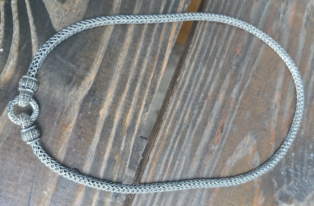 VTG CNA 925 Sterling Silver Marcasite Woven Wheat Chain Front Clasp Necklace 16″