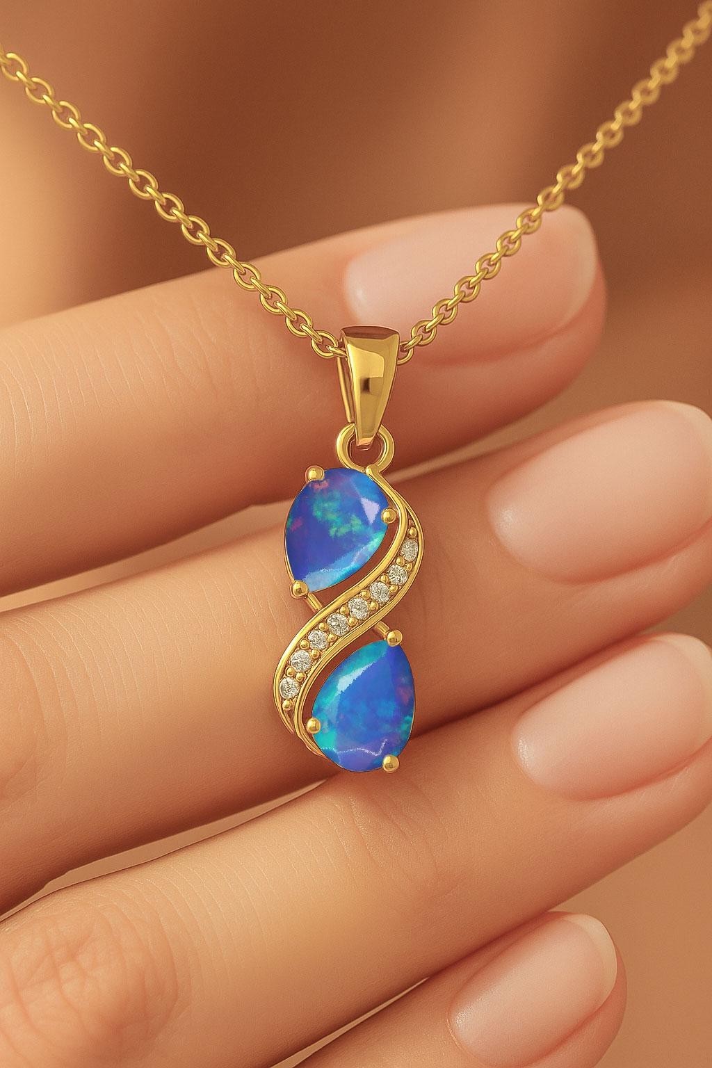 Fire Blue Opal Dual Pear Gemstone Charm Gold Pendant, Genuine Opal Chain Pendant