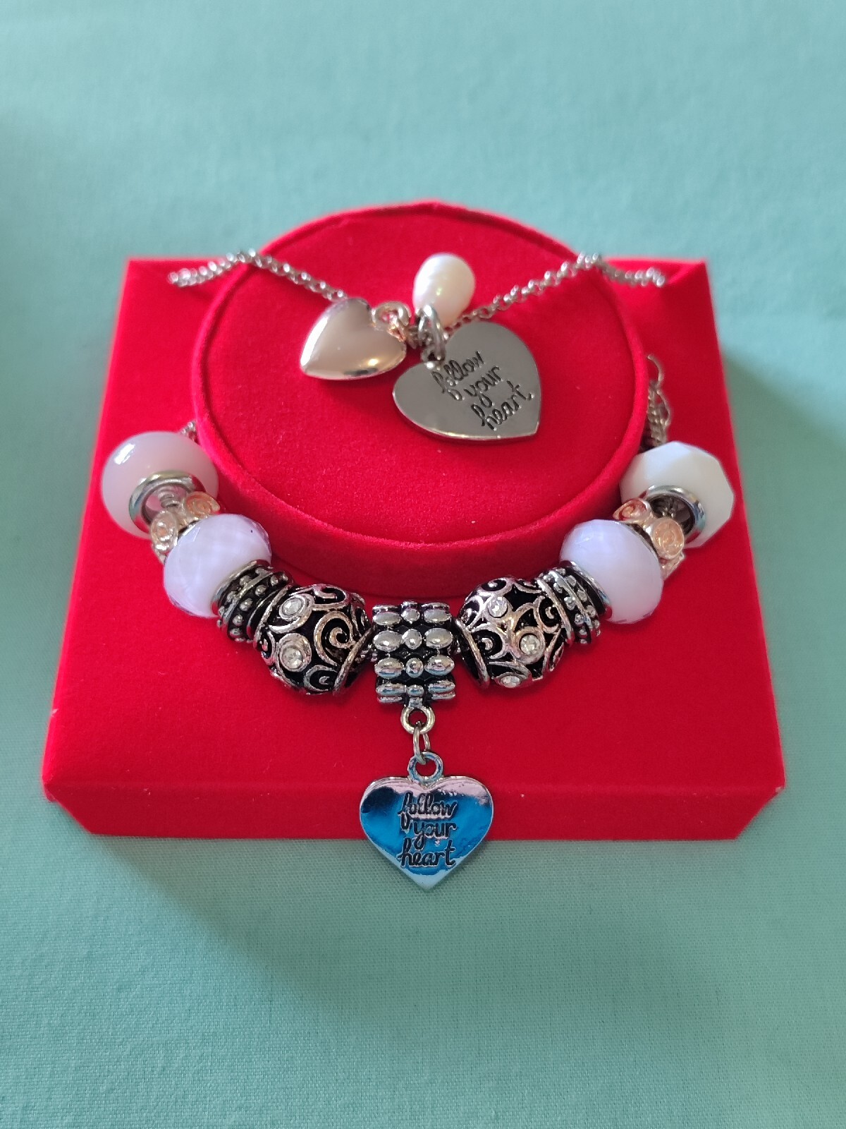 Follow Your Heart Charm Necklace And Bracelet Set In Original Package Silver Plt