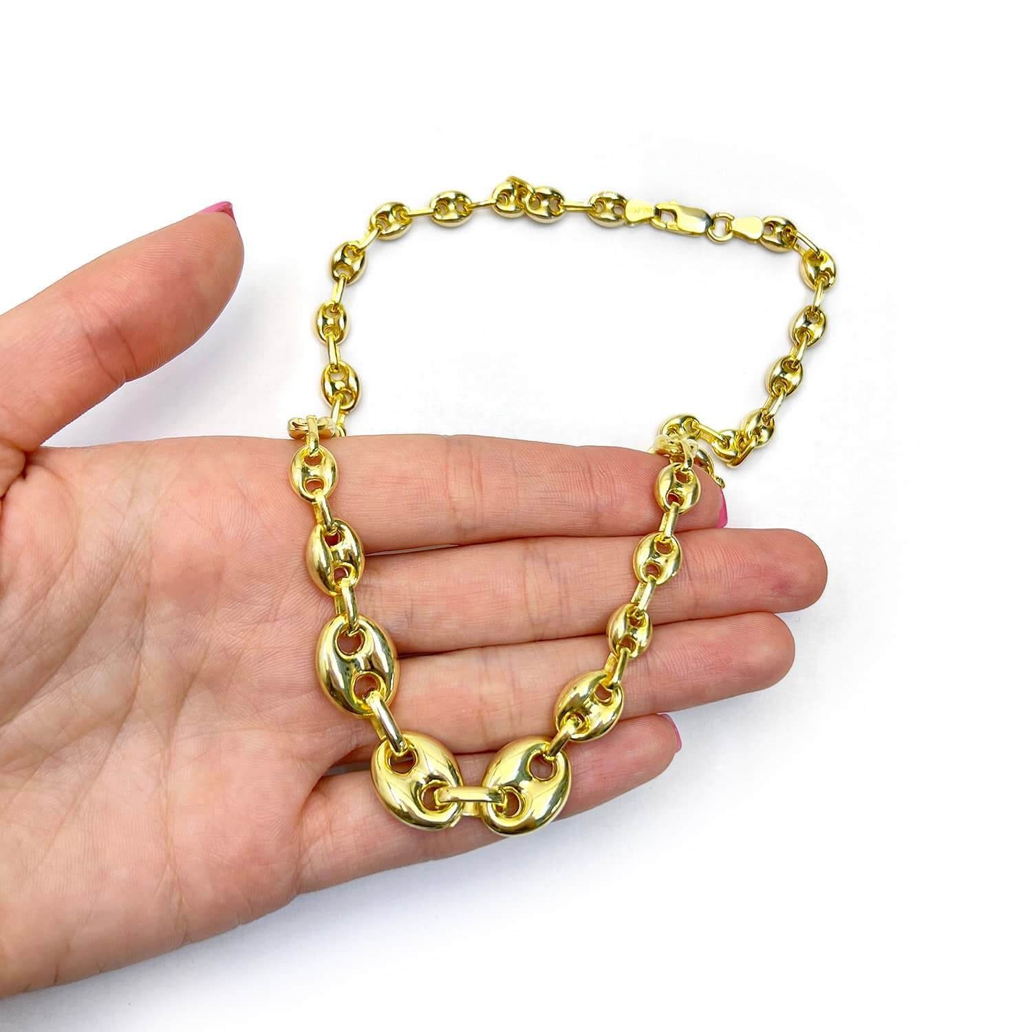 18K Yellow Gold Over Silver Puffed Anchor Mariner Graduated Necklace 17″