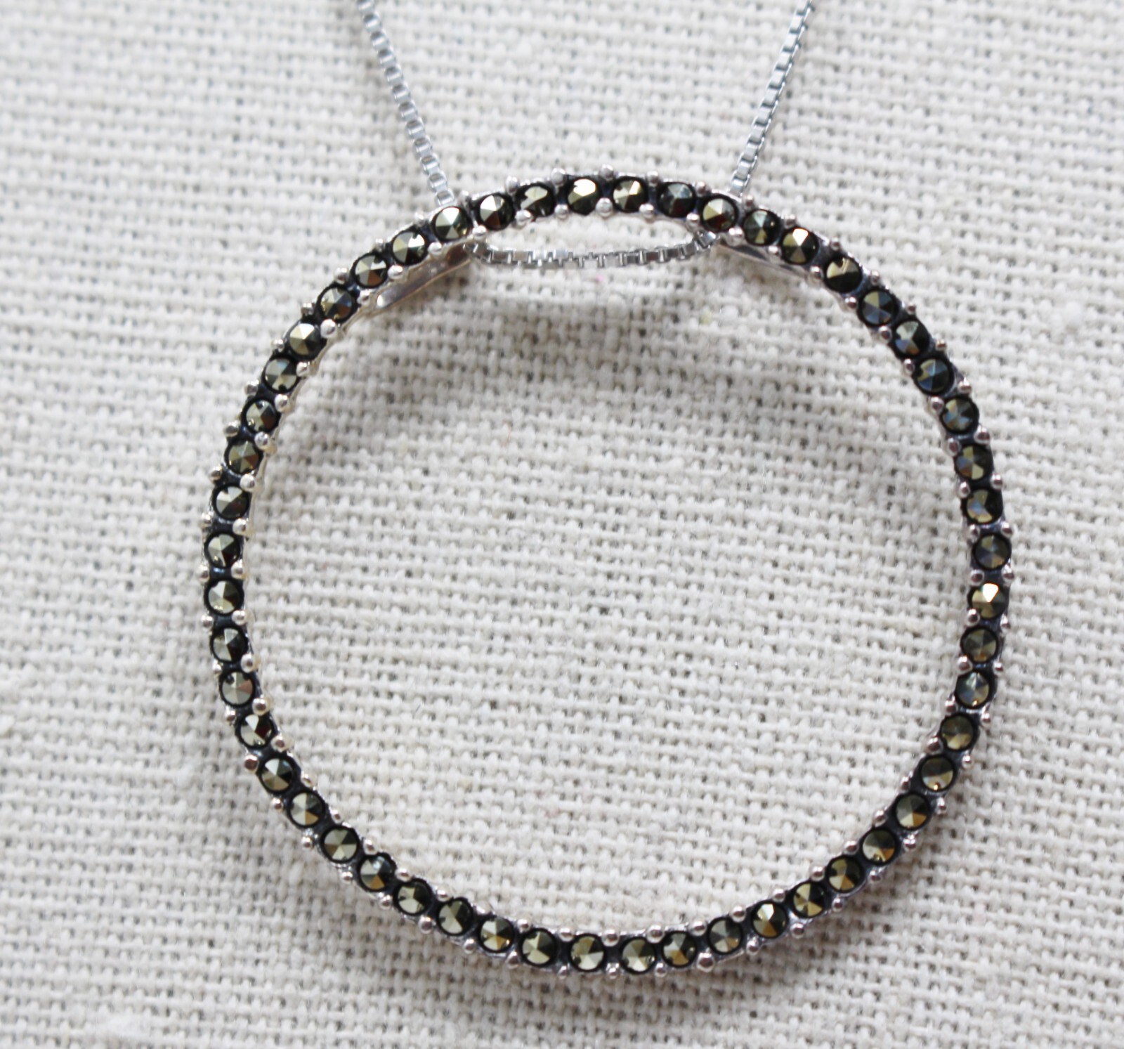 925 Sterling Silver Marcasite Open Circle NECKLACE Chain 18″ Signed K