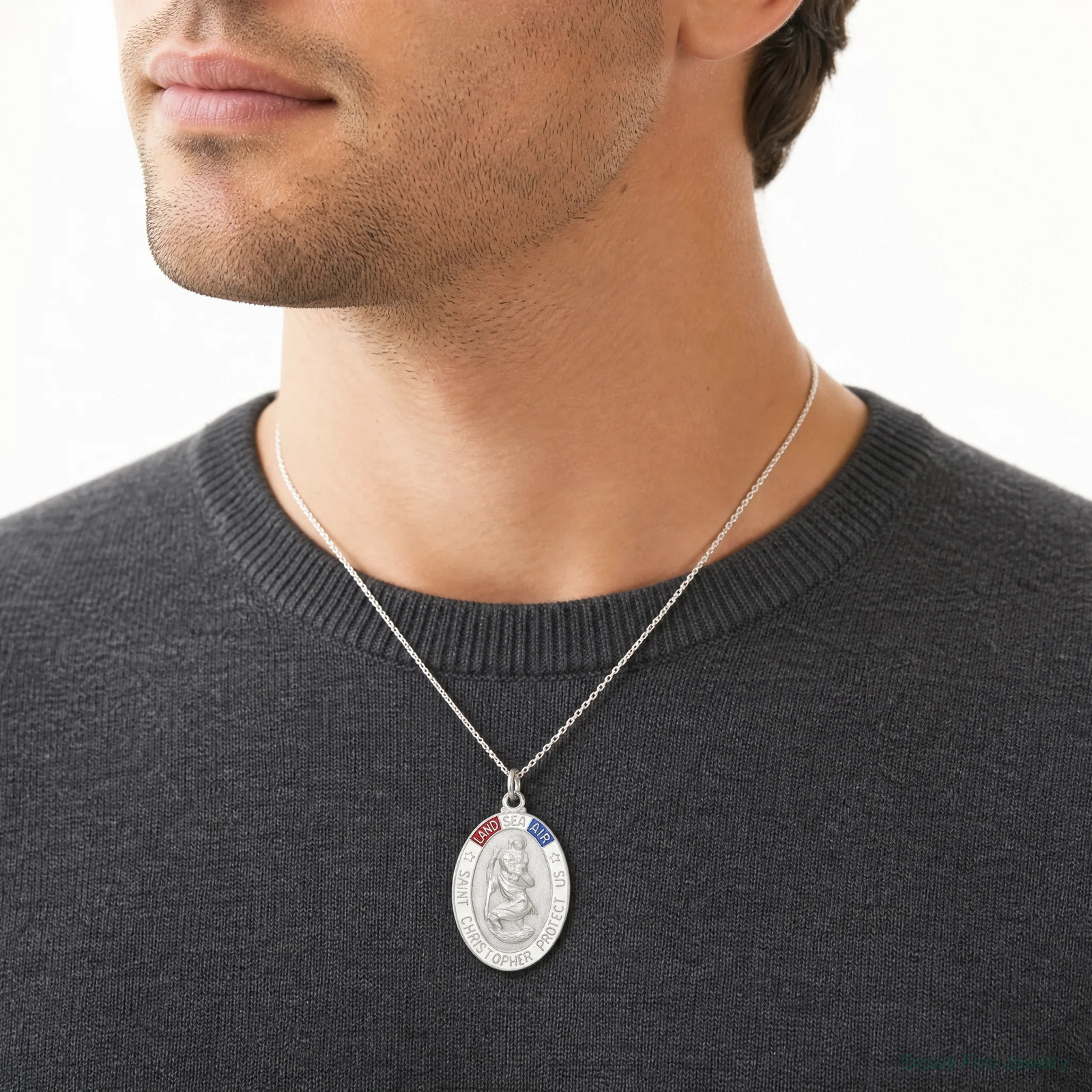 Sterling Silver Satin/Polished/Diamond-Cut Enamel St Christopher Medal