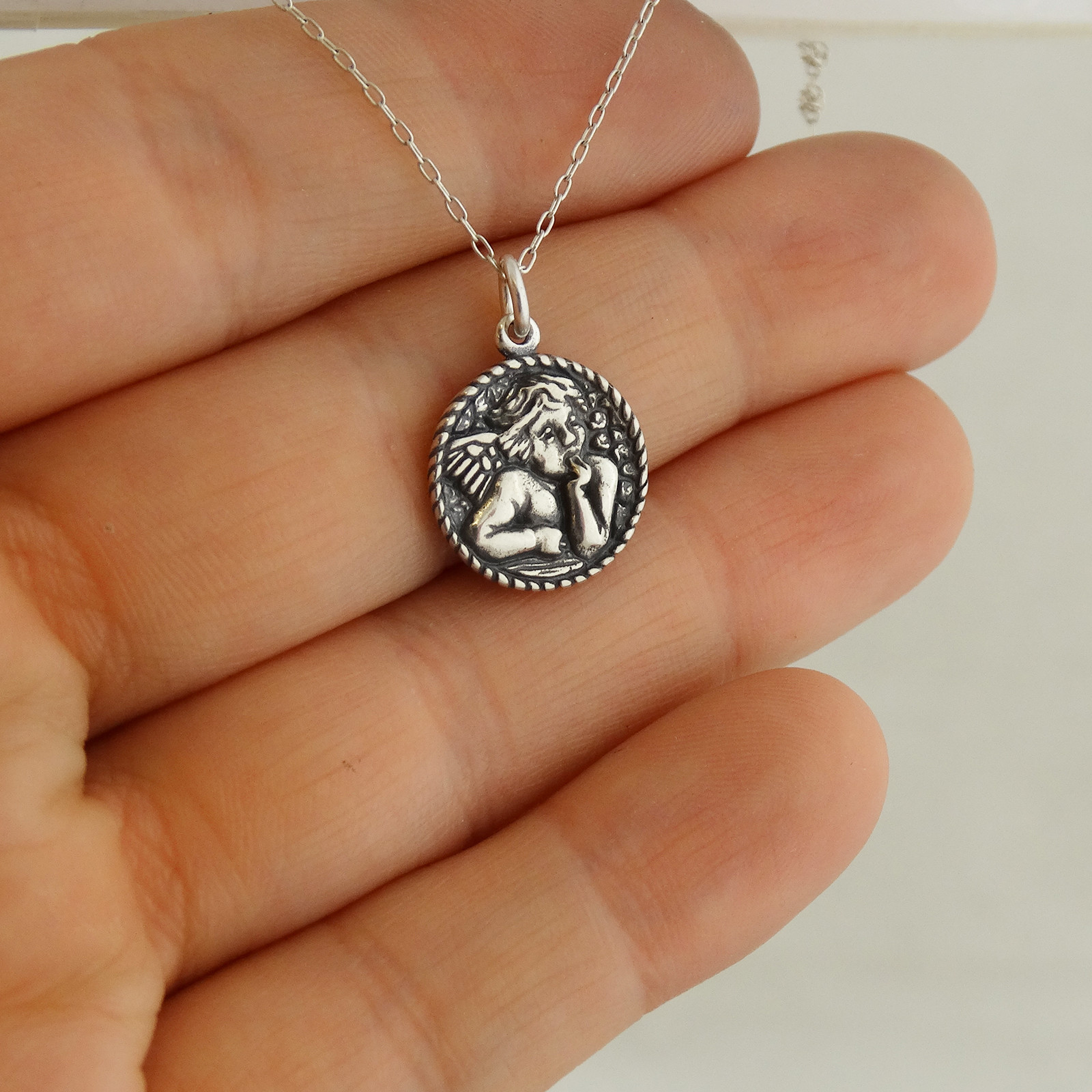 Round Cherub Angel Charm Necklace – 925 Sterling Silver – Guardian Angels Gift