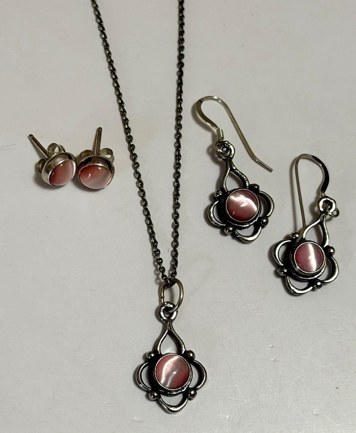 3 Pc Set Pink Cat Eye Necklace + Dangle + Stud Earrings Set 925 Sterling Silver