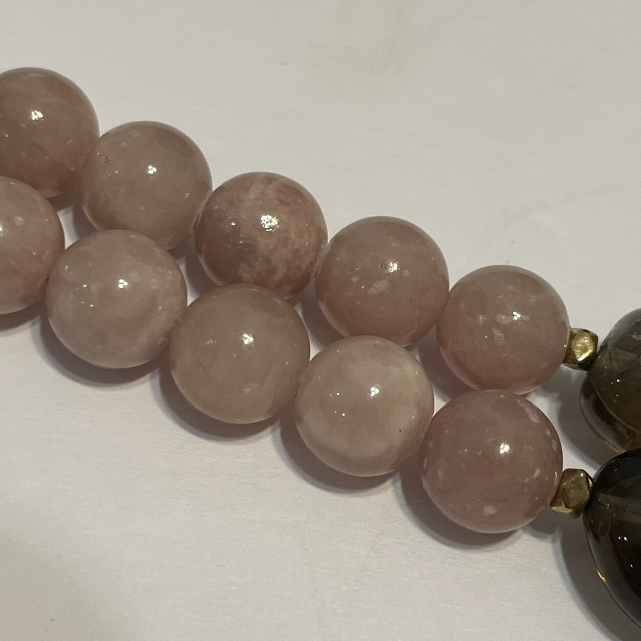 31-36” long tassel Beaded Necklace natural stones smoky rose quartz Tigers eye