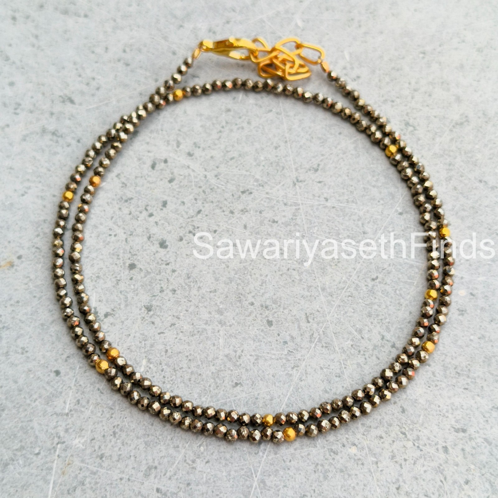 Faceted Pyrite Beaded Necklace, 2mm Rondelle Beads, Sterling Silver Clasp, Mini