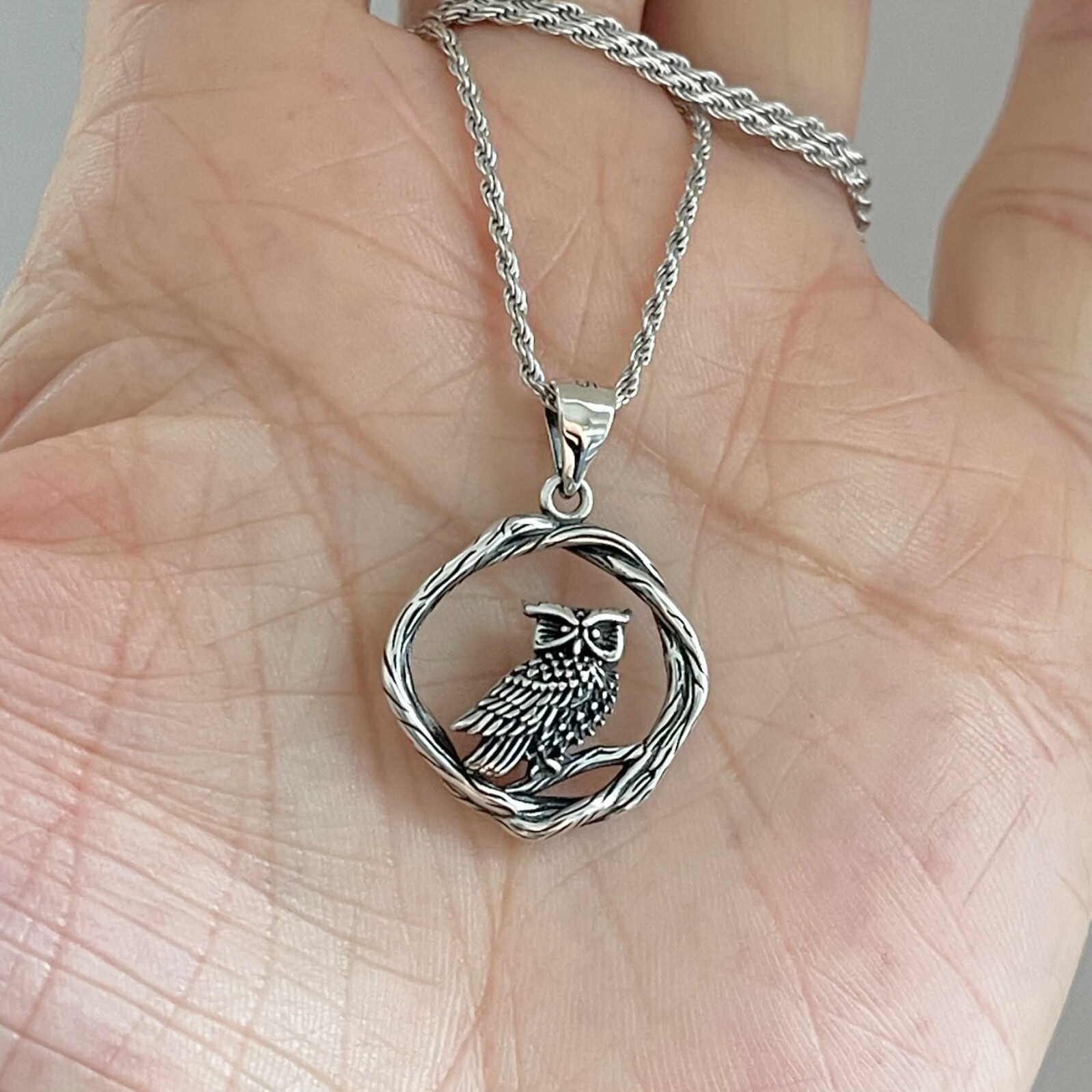 Sterling Silver Owl on Branch Necklace, Bird Chain, Owls, Animals, Spirit Birds