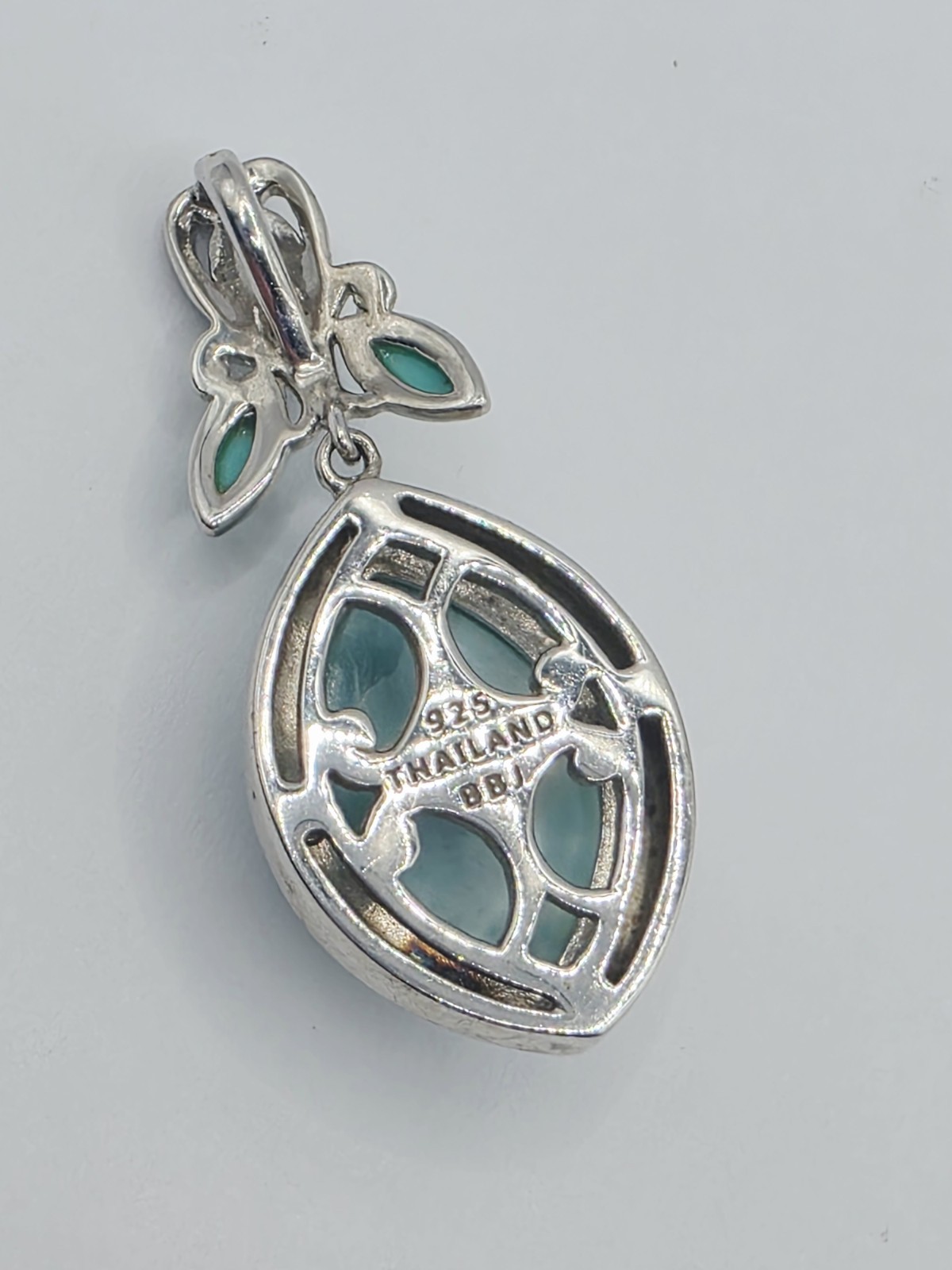 BBJ 925 Sterling Silver Larimar Pendant Thailand Blue Gemstone 9.2g Floral Leaf