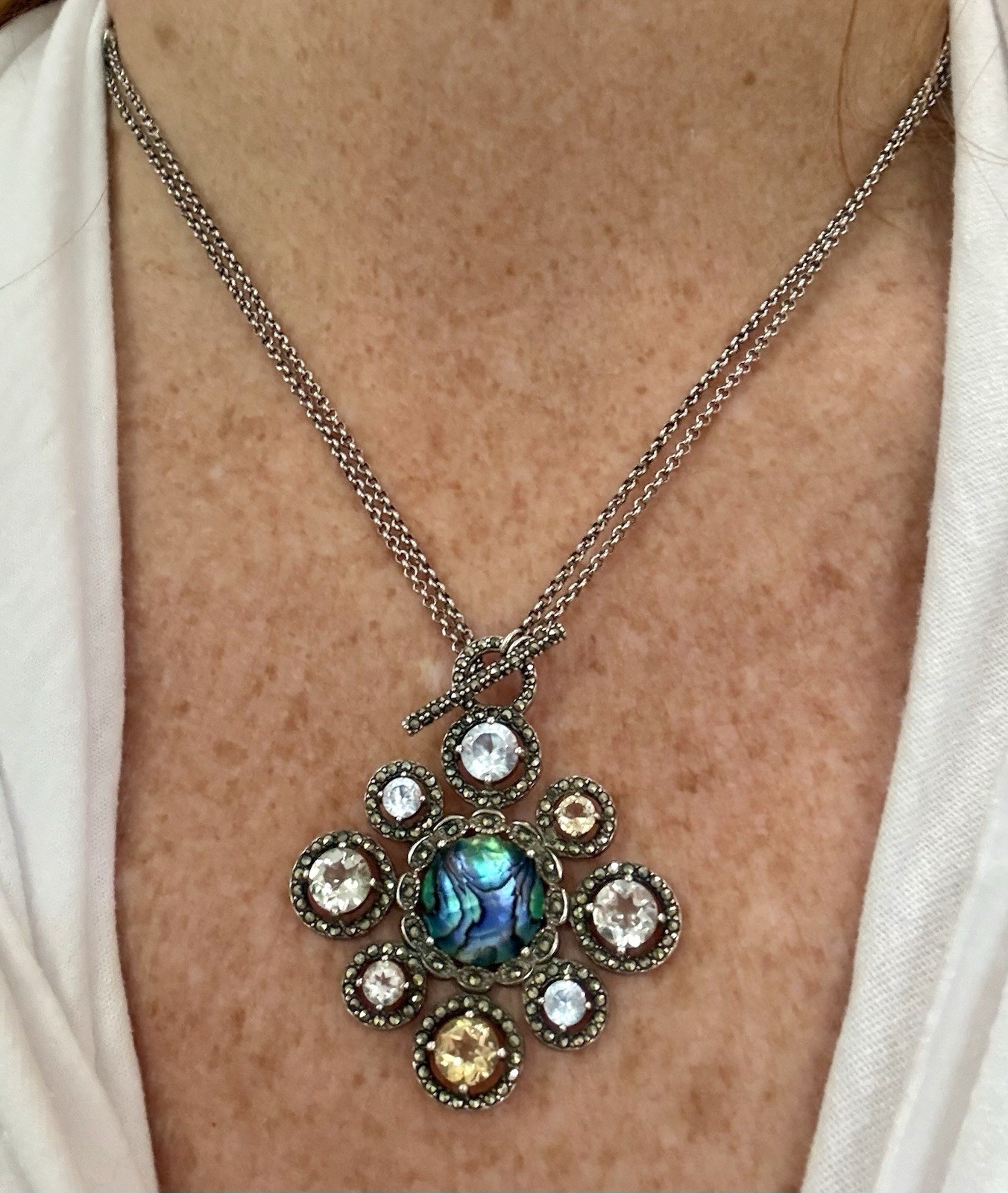 925 Sterling Silver Abalone Multi Stone Toggle Necklace Convertible Up to 20”