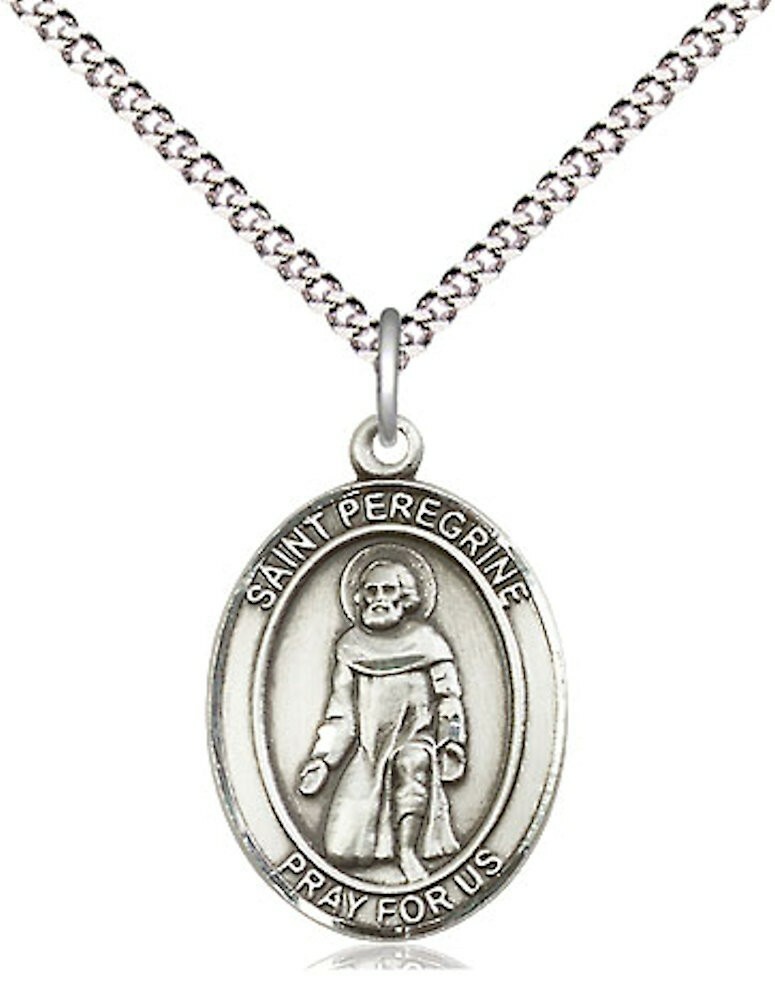 St. Peregrine Medal in 3/4″ Sterling Silver, 18″ Rhodium Plate Clasp Chain
