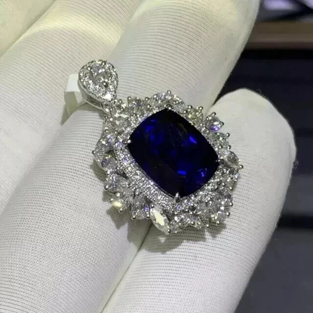 3.00 CT Cushion Cut Lab-Created Blue Sapphire Halo Pendant 14K White Gold Over