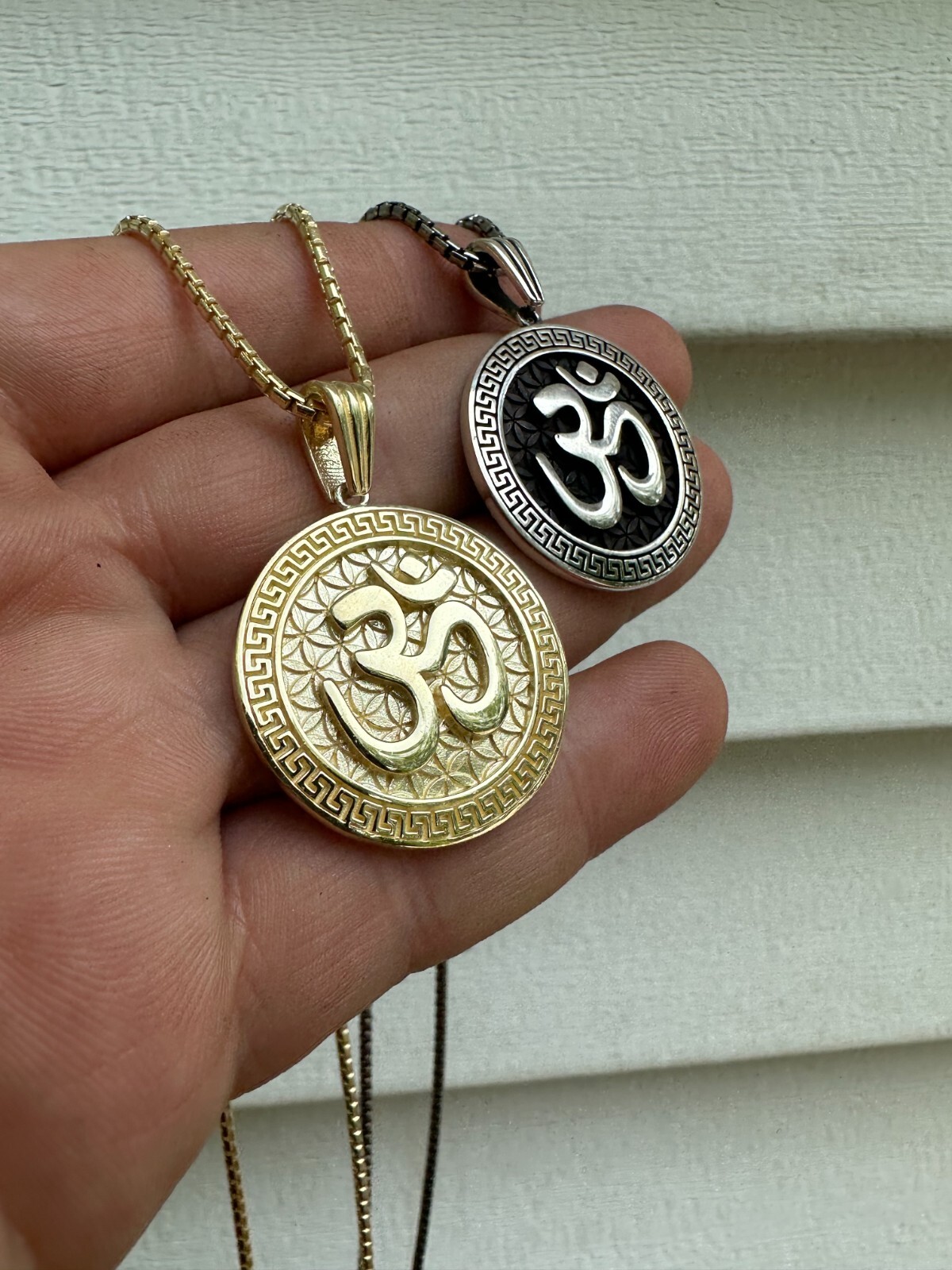 Real 925 Silver / 14k Gold Plated Ohn Hindu Om Big 1″ Medallion Pendant Necklace