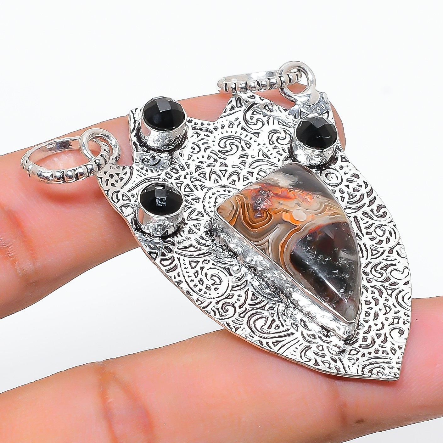 Crazy Lace Agate, Spinel Gemstone 925 Sterling Silver Jewelry Pendant 2.25″ g861