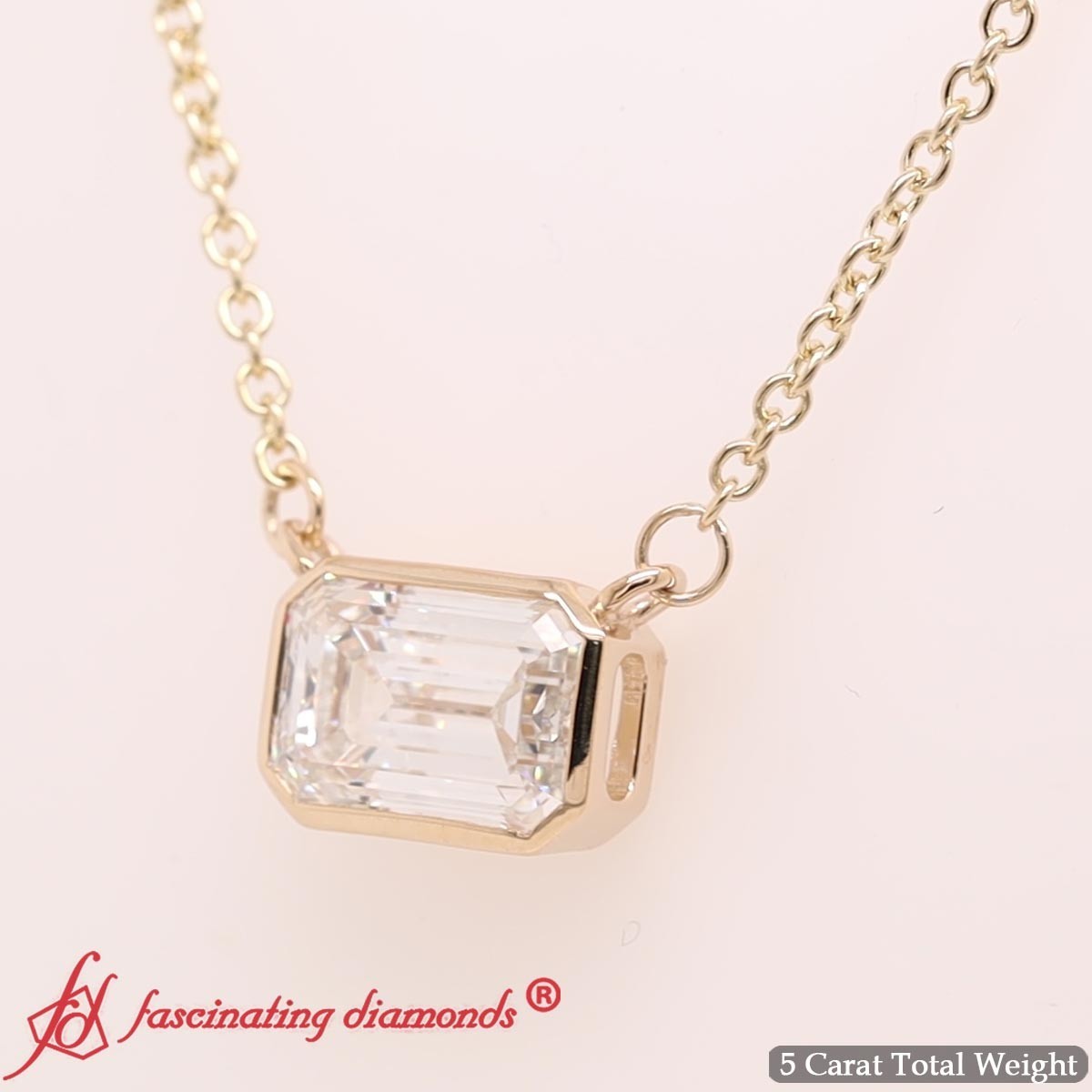 Emerald Cut Lab Grown Diamond Bezel Set Horizontal Solitaire Pendant 14K Gold