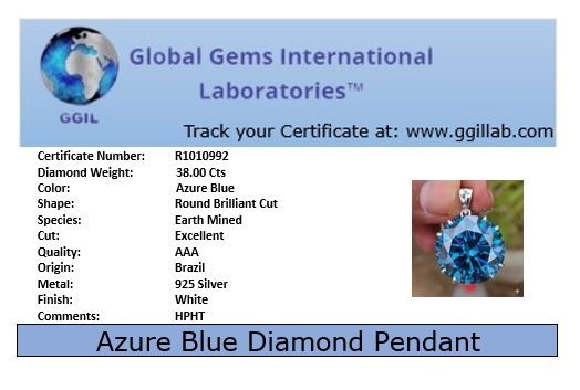 HUGE 38 Ct Certified Azure Blue Diamond Pendant Necklace-FREE Diamond Studs