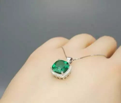 3Ct Cushion Cut Green Emerald Halo Pendant 14k White Gold Finish Free 18″ Chain
