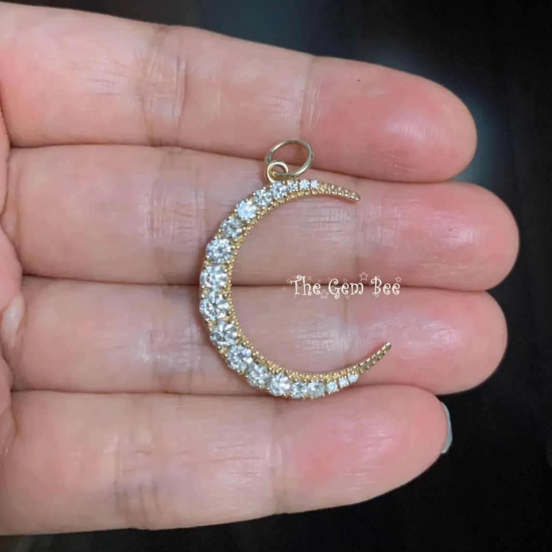 21x26mm 14K Yellow Gold 1.25CT Natural Diamond LARGE Crescent Moon Charm Pendant