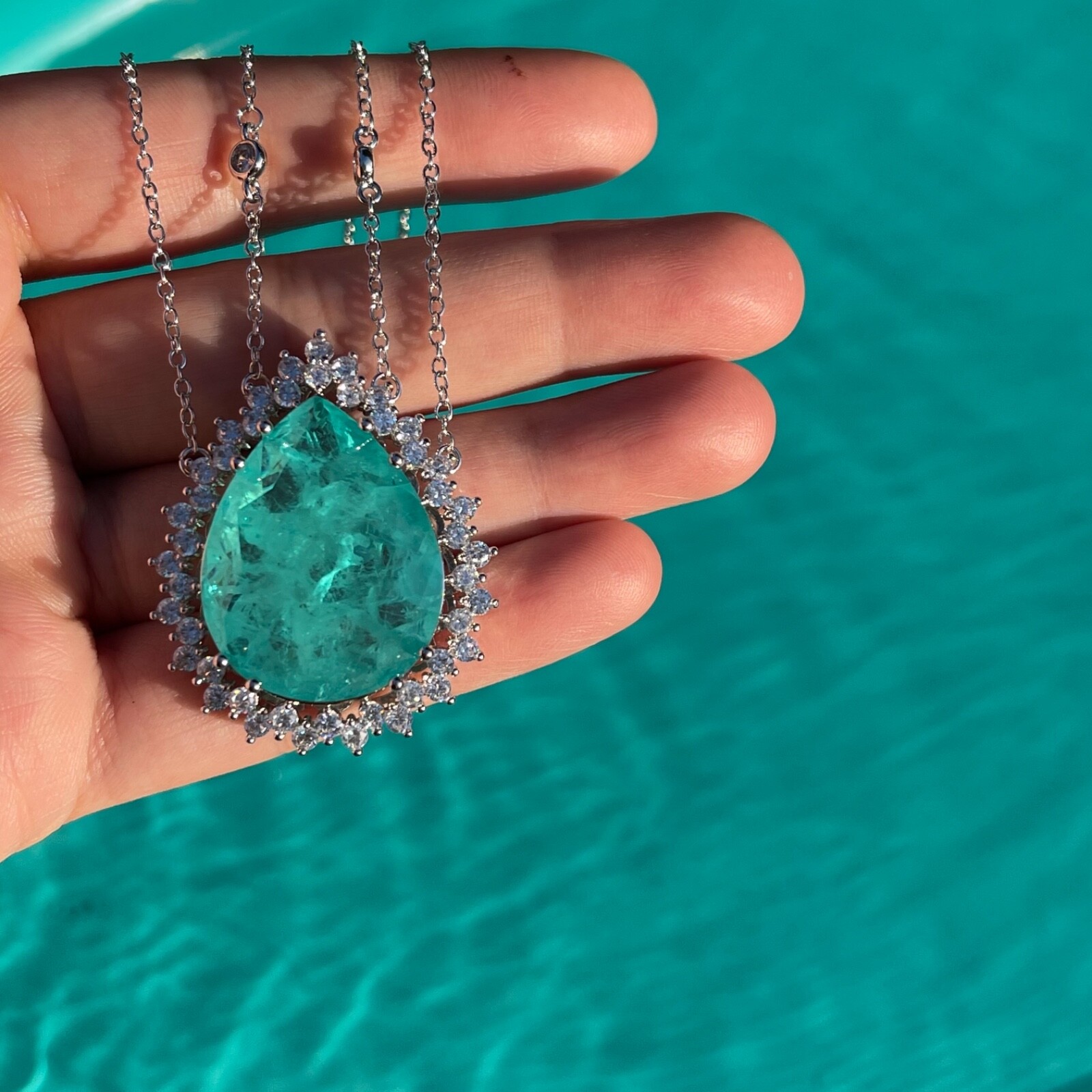 CARIBBEAN BLUE NATURAL GLOWING NEON PARAIBA TOURMALINE NECKLACE PENDANT 925 SS