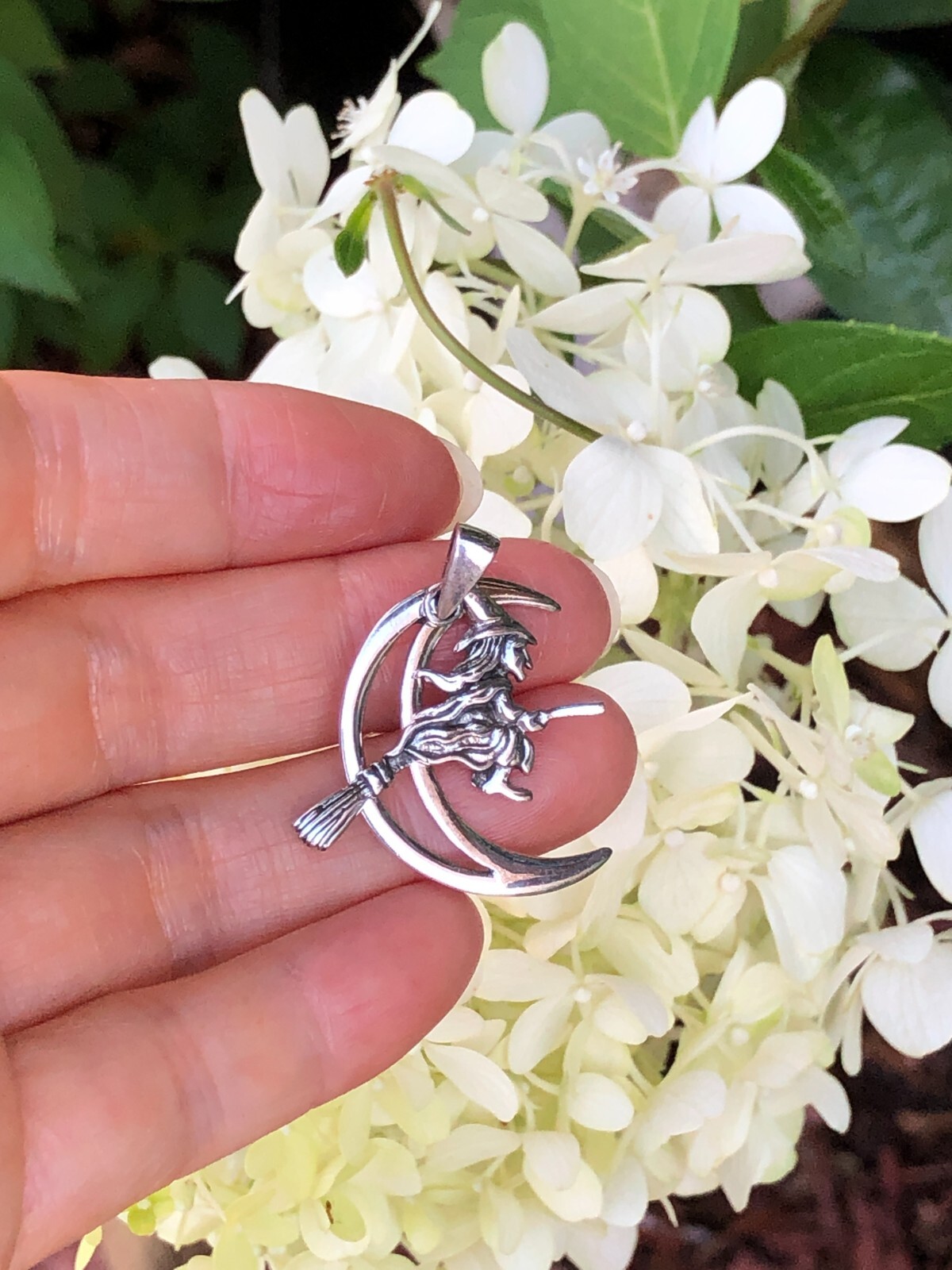 925 Sterling Silver Crescent Moon Broomstick Witch Pendant Women 26mm1.02″/31mm