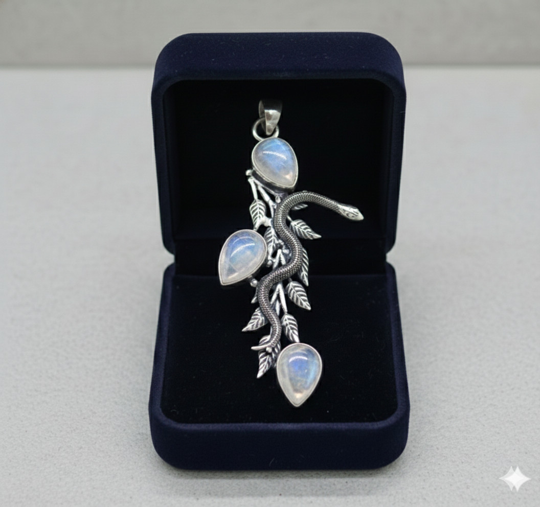 Genuine Moonstone Gemstone Sterling Silver Boho Jewelry Snake Pendant S-2.50″