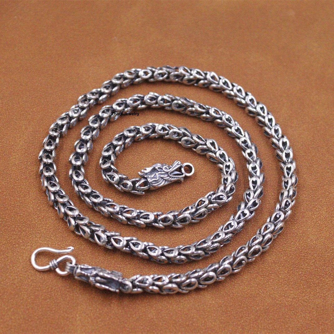 Pure Sterling Silver 925 Chain Dragon Head 6mm Feather Link Necklace 57g 23.6in