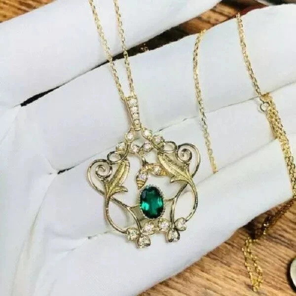 3Ct Oval Cut Green Emerald Women’s Pendant 14K Yellow Gold 18”Free Chain