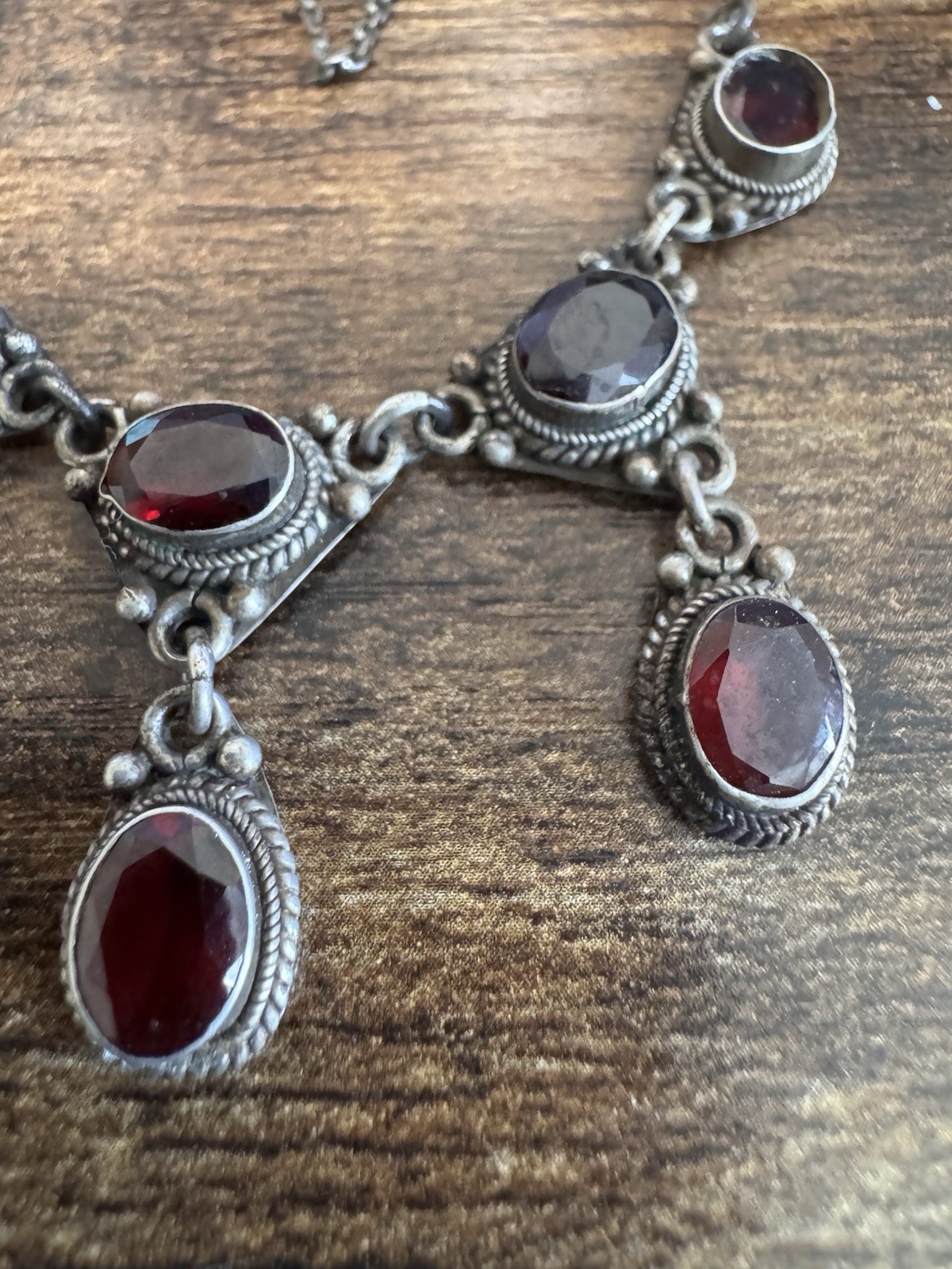 Vintage Sterling Silver 925 & 8 Garnet Cabochon Dangle Rope Necklace
