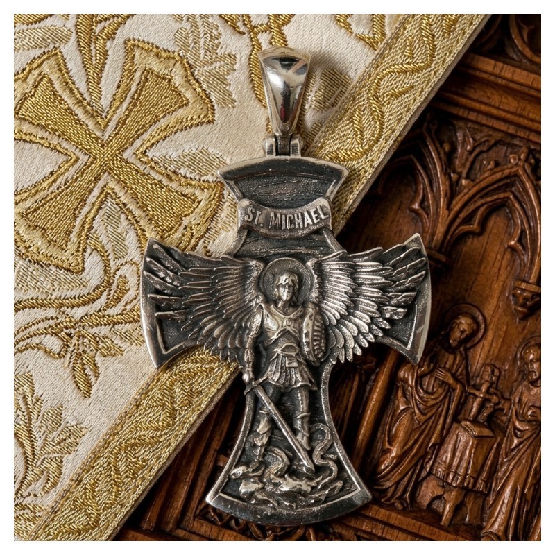 21g Big Cross Saint Michael the Archangel with Prayer Pendant 925 Sterling Silve