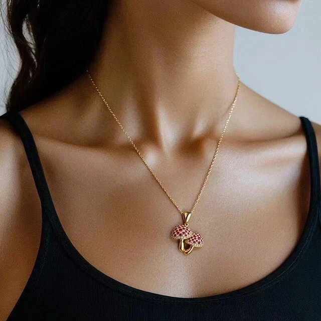2Ct Lab Created Round Red Ruby Mushroom Unisex Pendant 14k Yellow Gold Plated