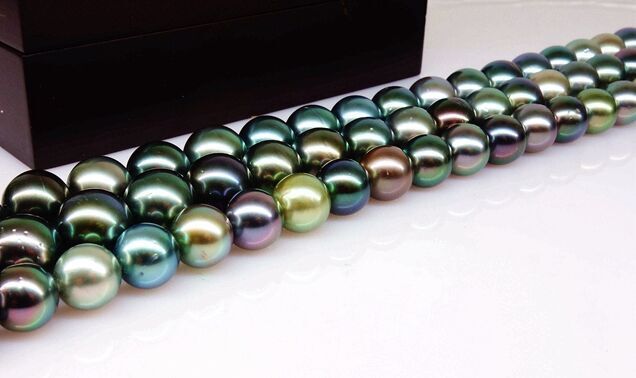 38″9-10mm Natural Tahitian genuine peacock gold multicolor round pearl necklace