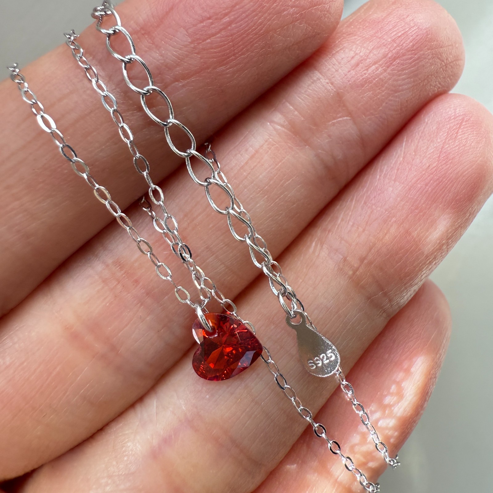 925 Sterling Silver Necklace 6mm Heart Red Natural Zircon Gemstone Chain Gift