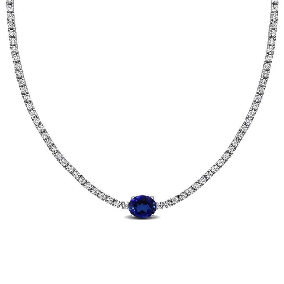 21Ct Created Oval Blue Sapphire & Diamond Womens Tennis Necklace 14K Gold Plated
