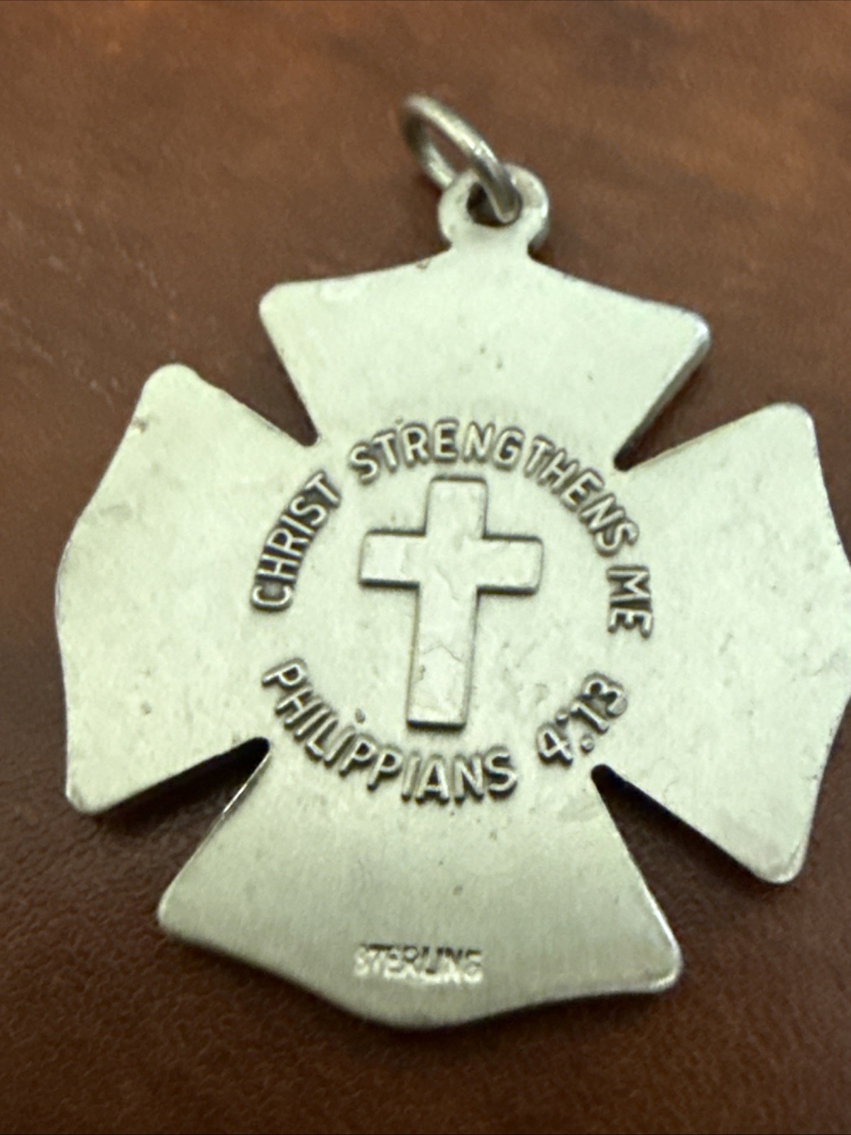 Men’s Sterling Silver Fire Fighter Shield Medal Cross Philippians 4:13 Necklace
