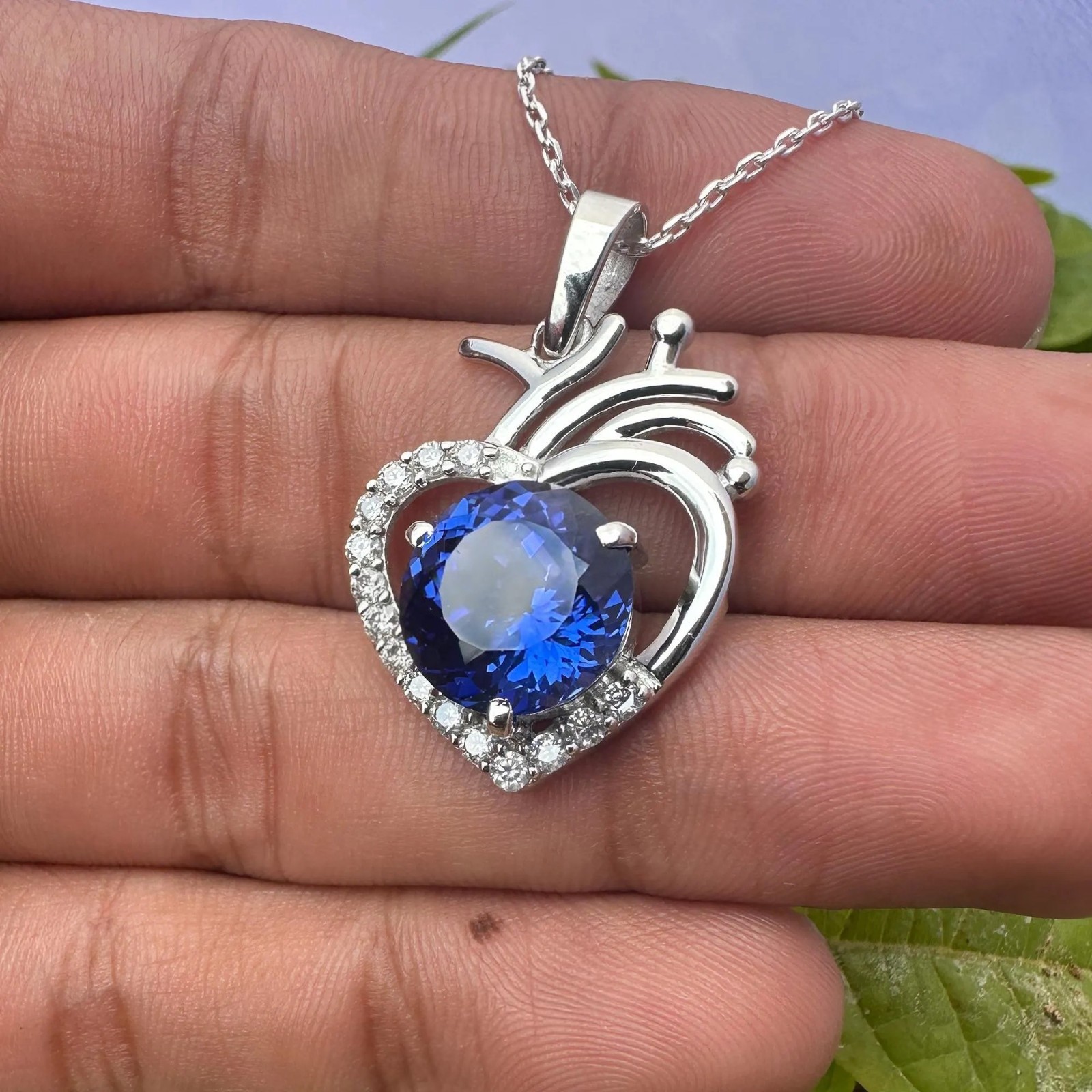 Certified Blue Sapphire 29 Ct Heart Pendant Necklace 925 Sterling Silver