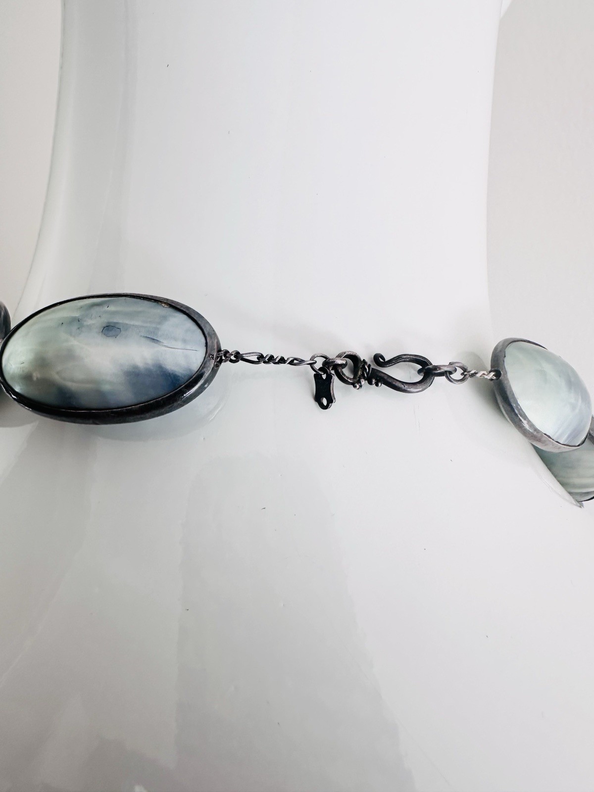 Rare Nautilus Osmena Pearl Antique 925 Silver Necklace 70cm Blue-Gray Iridescent