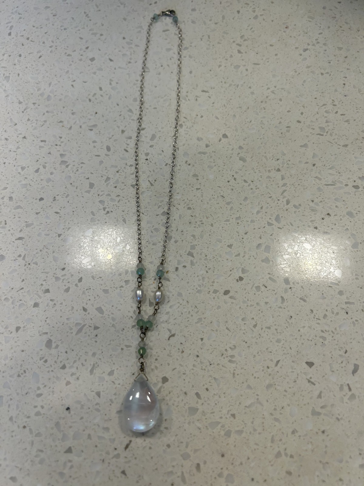 Rainbow moonstone necklace with pearl, aqua chalcedony and sterling silver chain