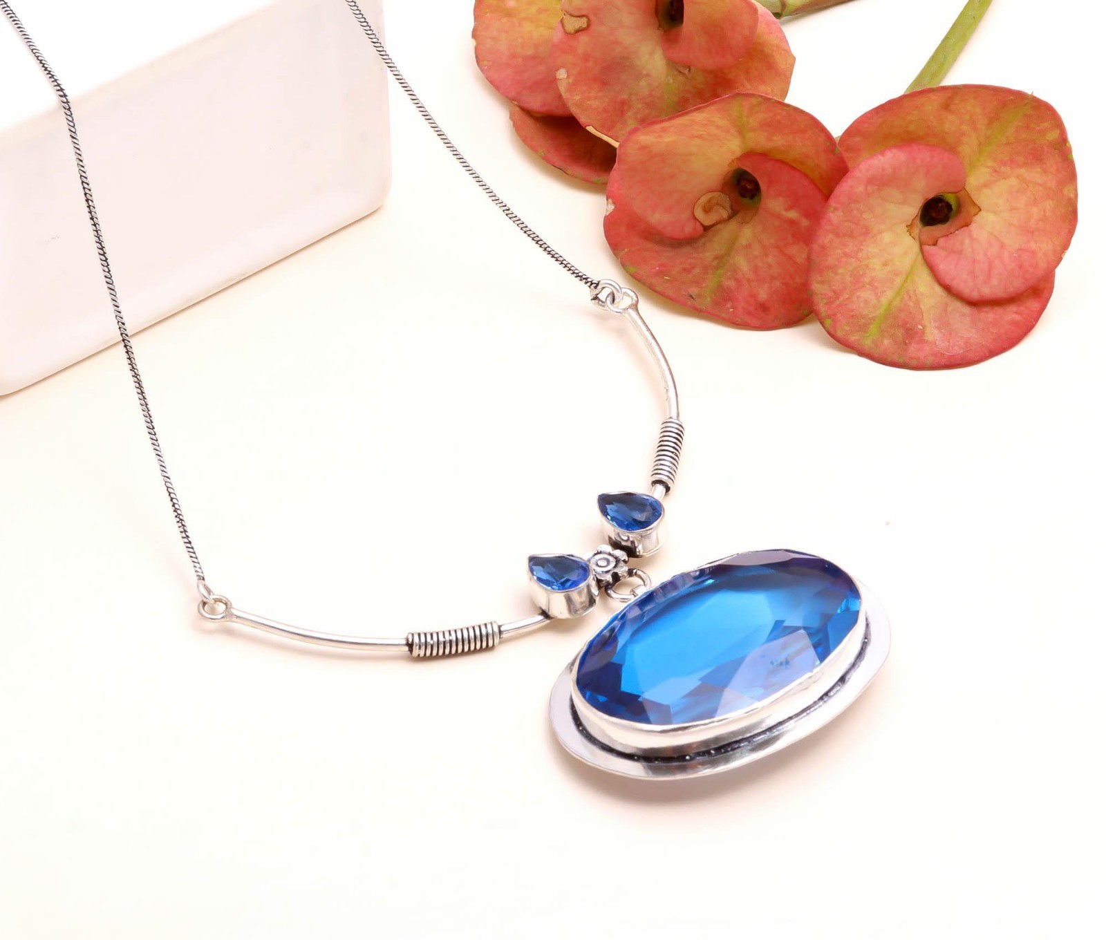 Swiss Blue Topaz Gemstone Necklace 925 Sterling Silver Pendant Boho Gift 18″