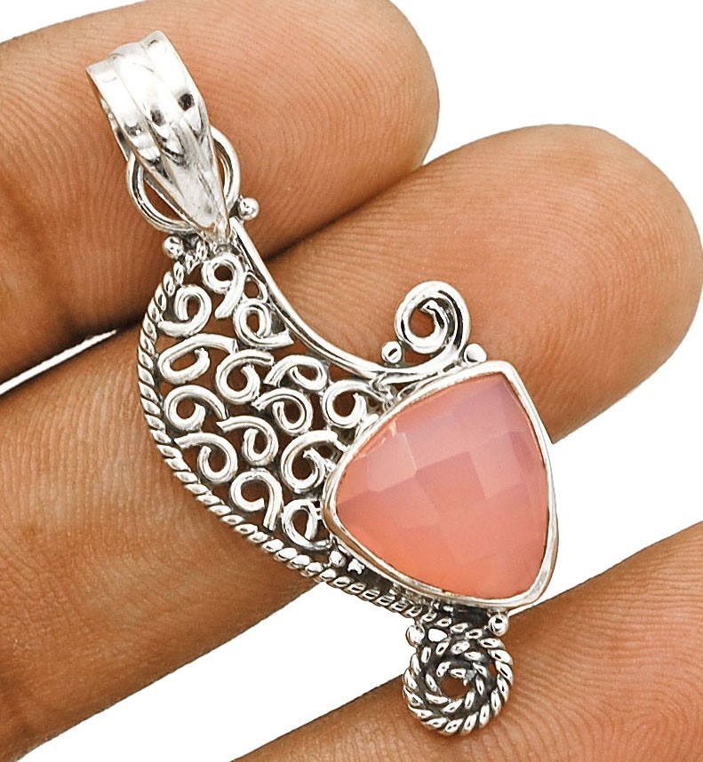Natural Rose Quartz Madagascar 925 Sterling Silver Filigree Pendant