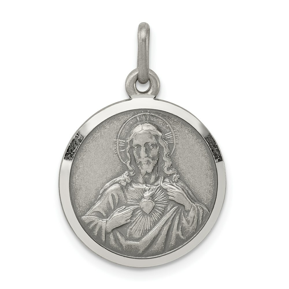 Sterling Silver Sacred Heart of Jesus Round Medal Charm Pendant 1.22 Inch