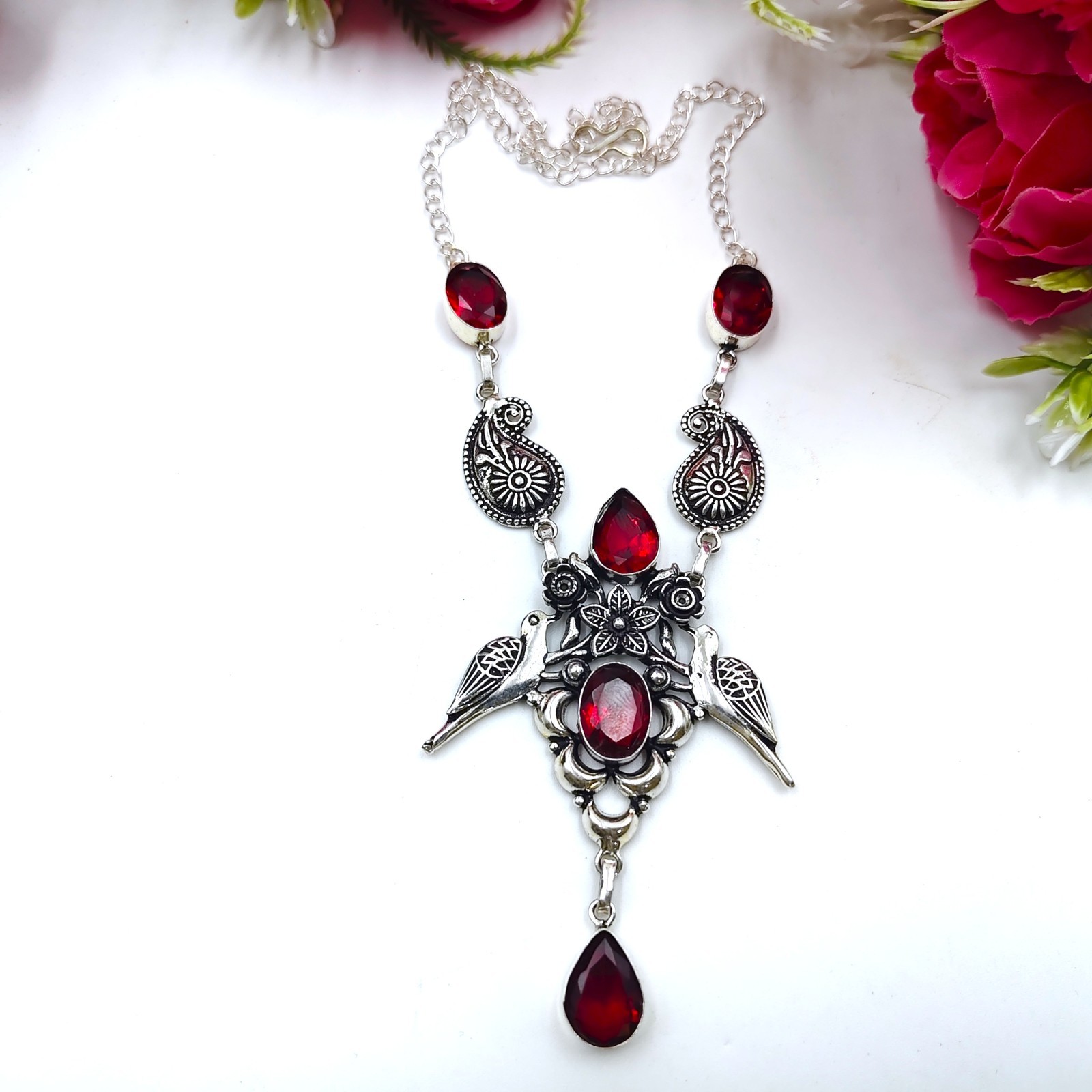 Red Garnet Gemstone Handmade 925 Sterling Silver Jewelry Necklace Size-17-18″
