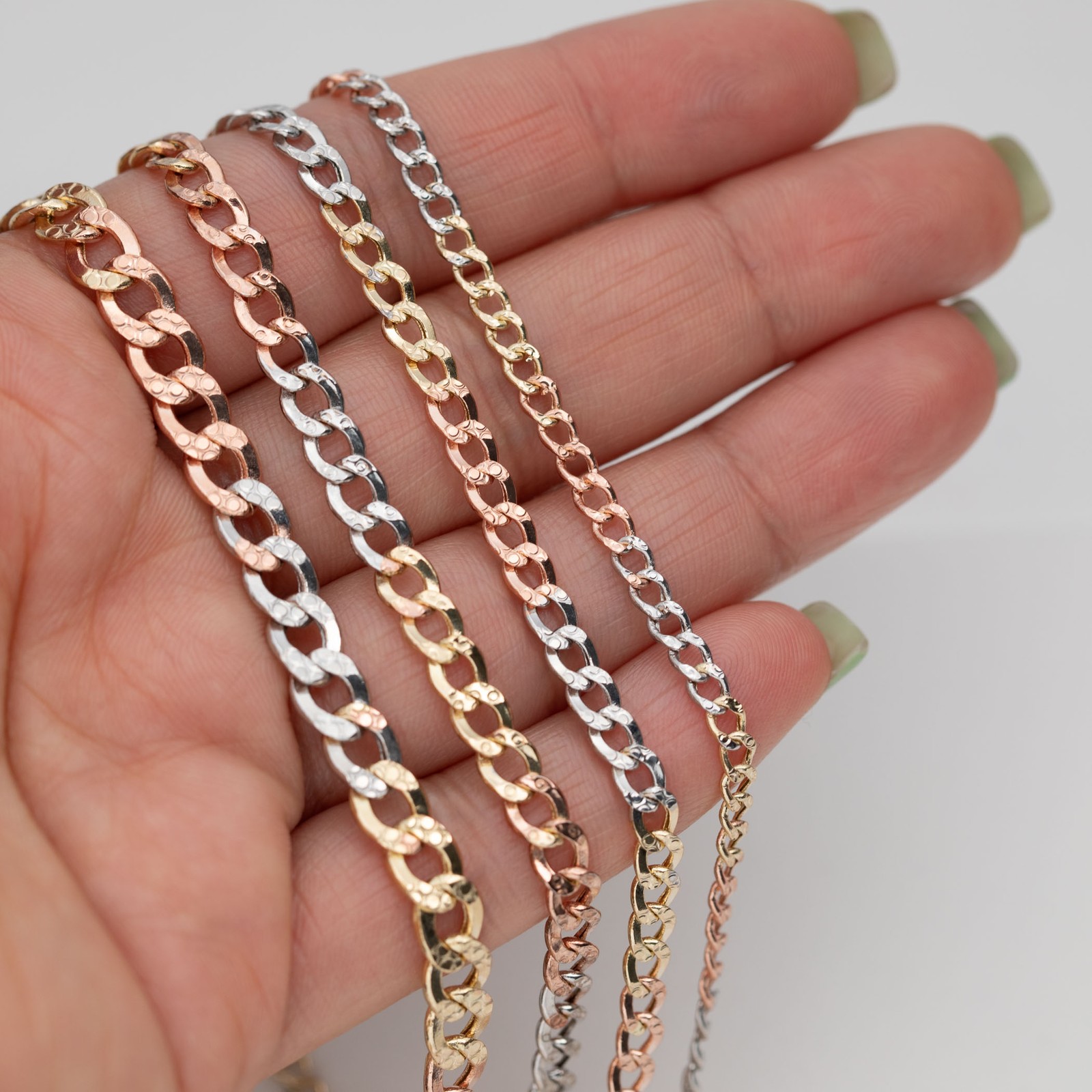 10K GOLD Nugget Design Curb Link Chain Yellow Rose White Gold All Sizes