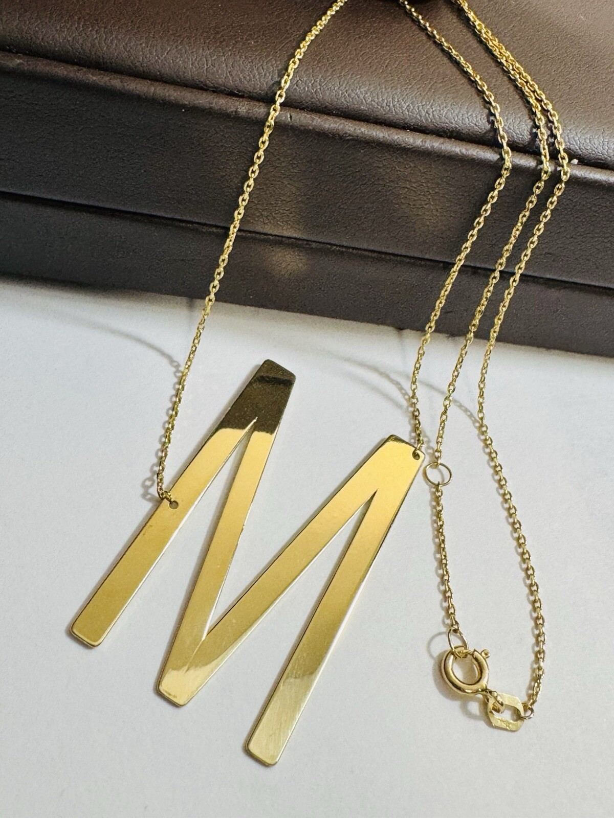 18K 750 Dubai Fine Gold Letter M initial Necklace 16.5/17.5” Long 1mm 5.2g